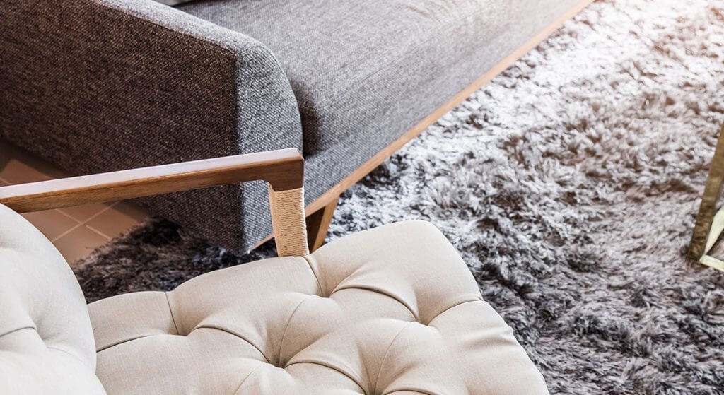 Single cushioned chair and couch on top of a stylish rug.